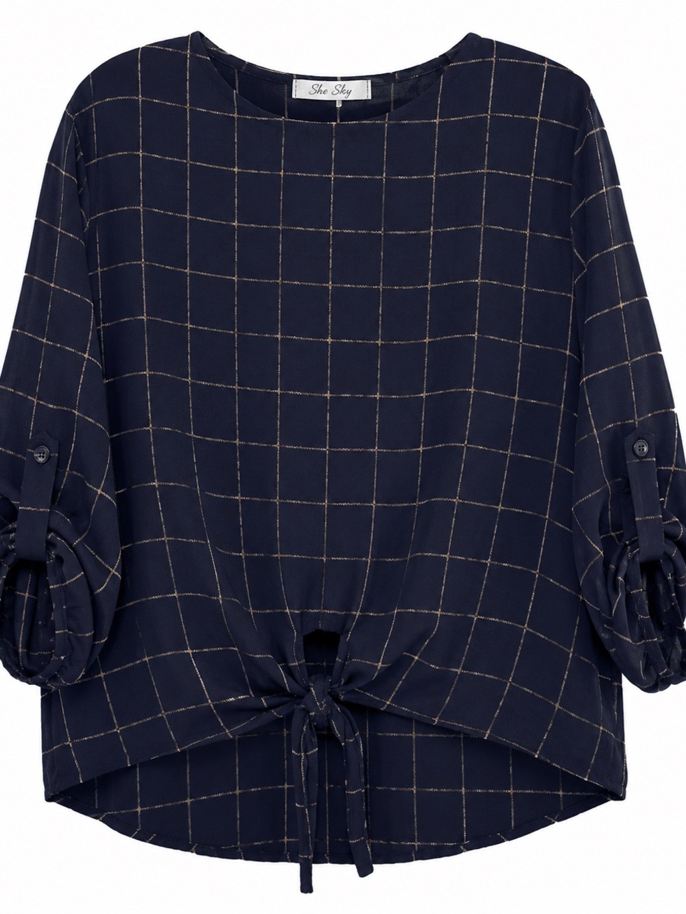 She + Sky 100% Cotton Navy Blue Top w/tie front & button sleeves Womens size XL